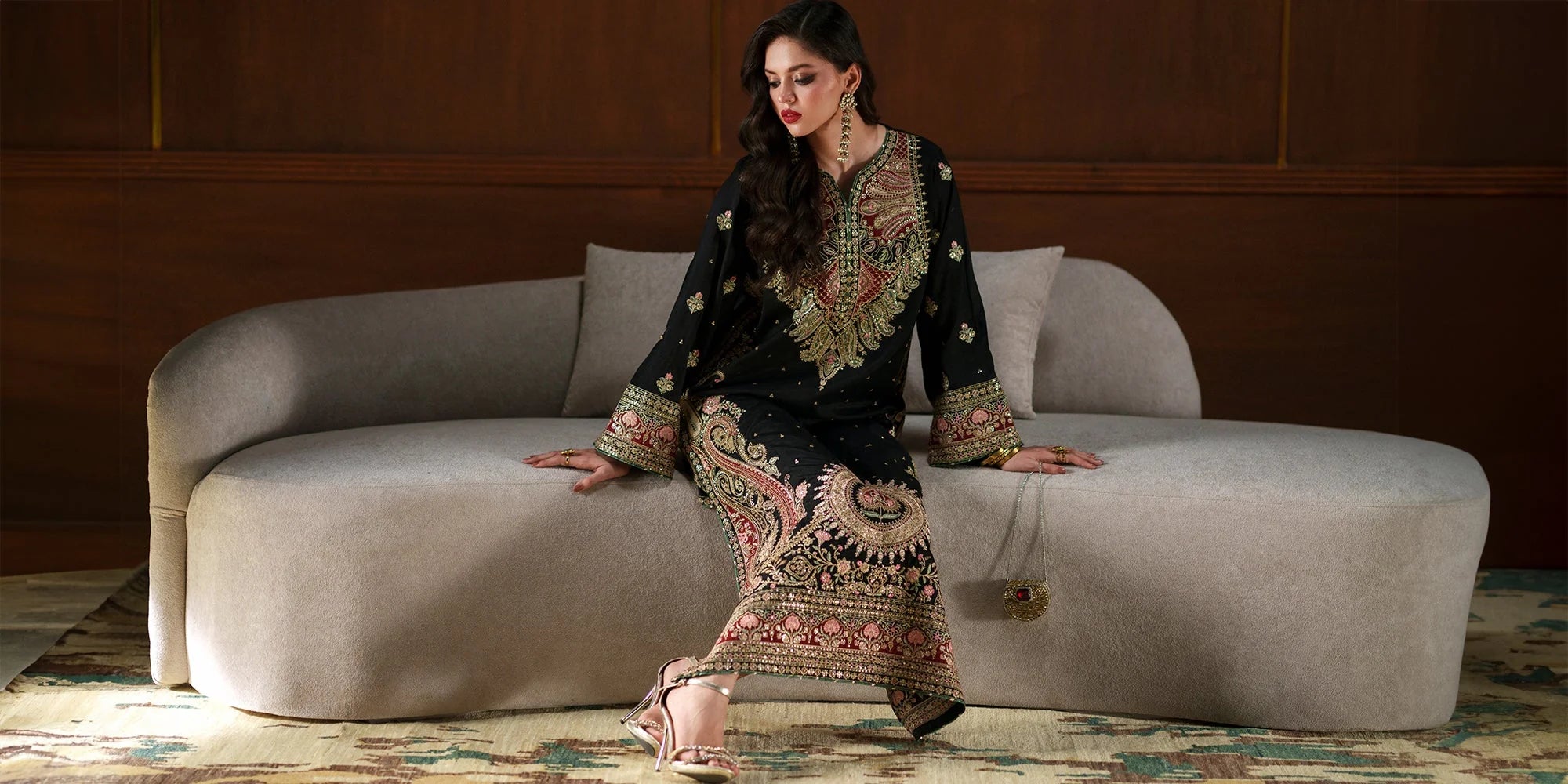 ETHNC Jet Black Heritage Embroidered 1-Piece Viscose Kaftan Dress