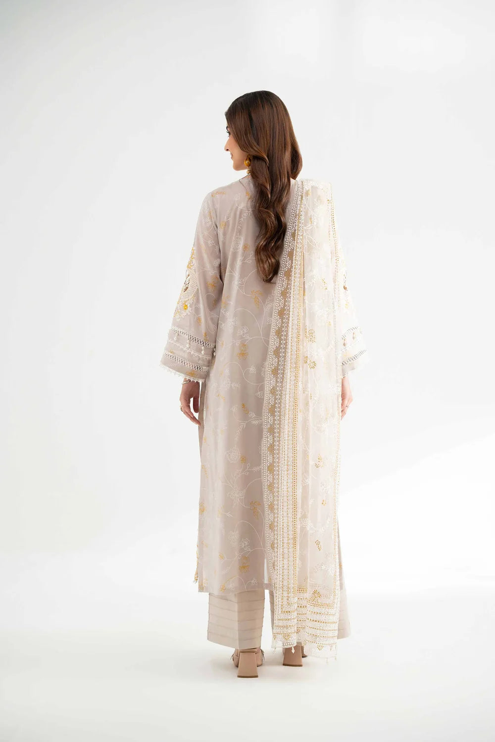 Nishat Linen 3-Piece Embroidered Cross Hatch Suit – Ivory & Gold Latticework
