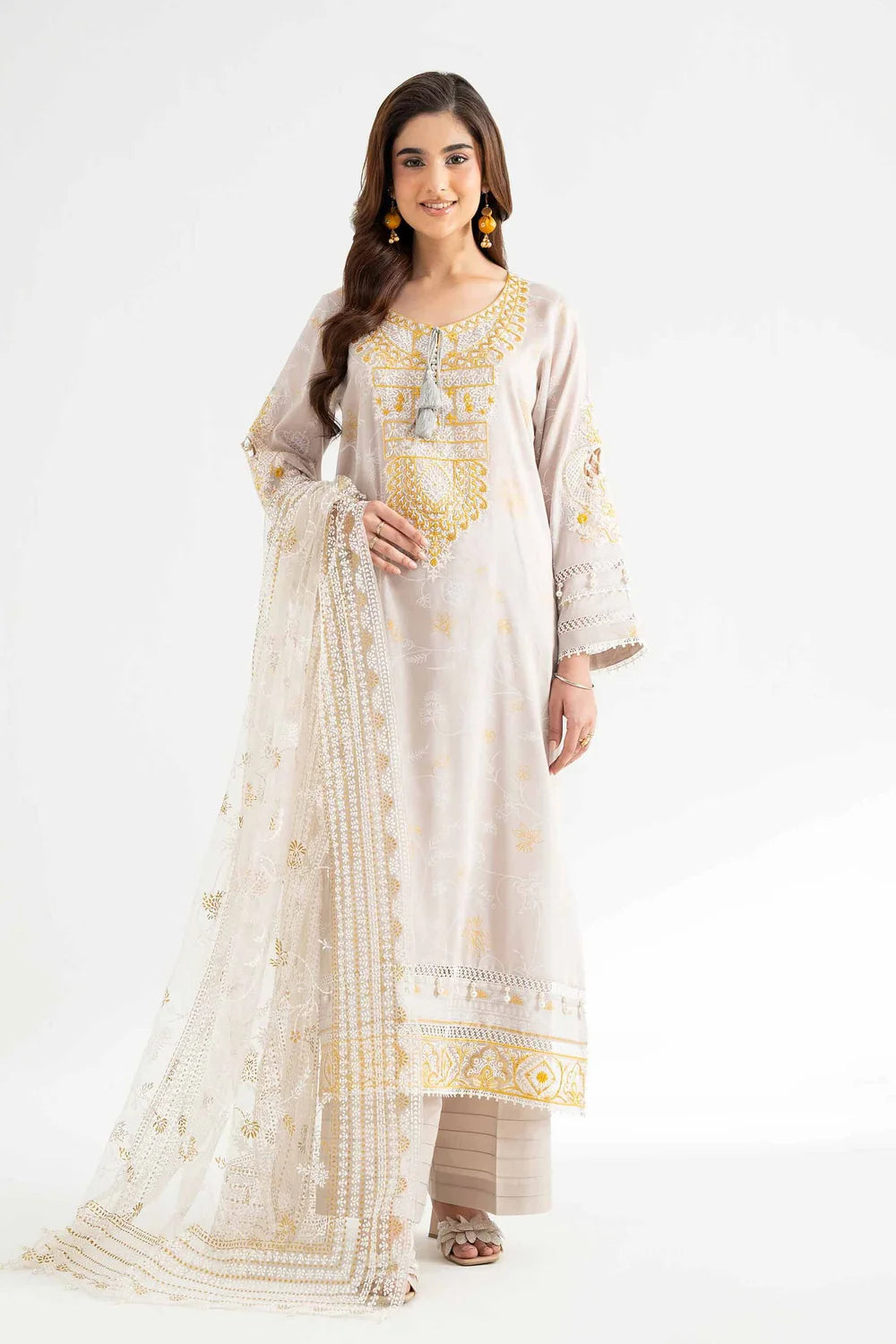 Nishat Linen 3-Piece Embroidered Cross Hatch Suit – Ivory & Gold Latticework