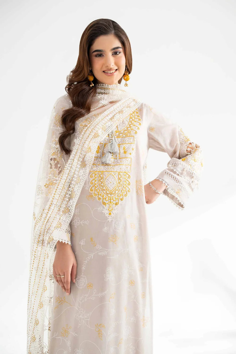 Nishat Linen 3-Piece Embroidered Cross Hatch Suit – Ivory & Gold Latticework