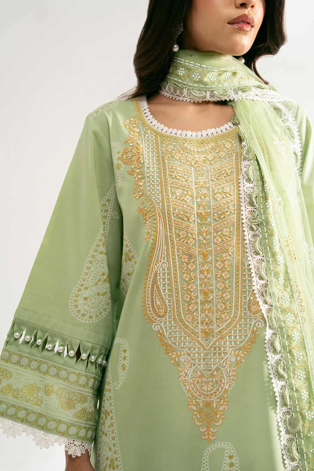 Nishat Linen 3-Piece Digital Printed Embroidered Suit – Lime Mint Green & Ochre