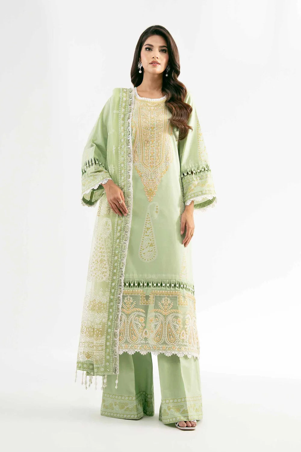 Nishat Linen 3-Piece Digital Printed Embroidered Suit – Lime Mint Green & Ochre