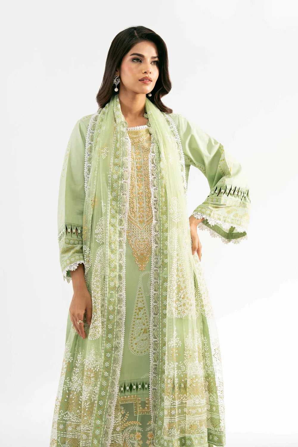 Nishat Linen 3-Piece Digital Printed Embroidered Suit – Lime Mint Green & Ochre