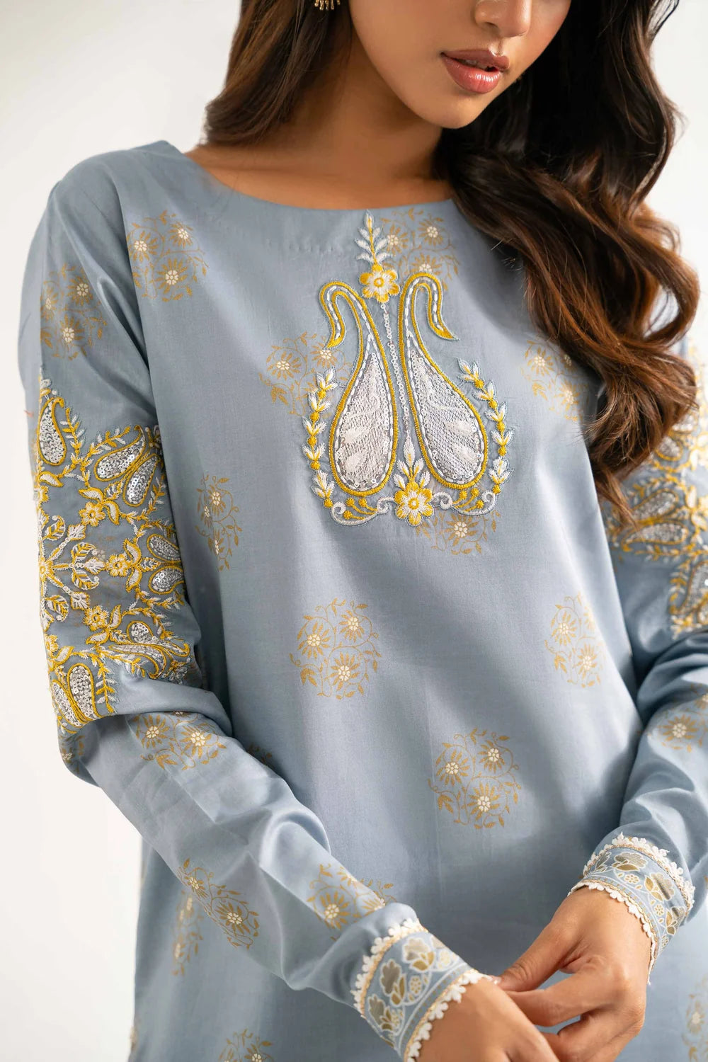 Nishat Linen 3-Piece Embroidered Festive Suit – Ice Blue & Ochre Gold