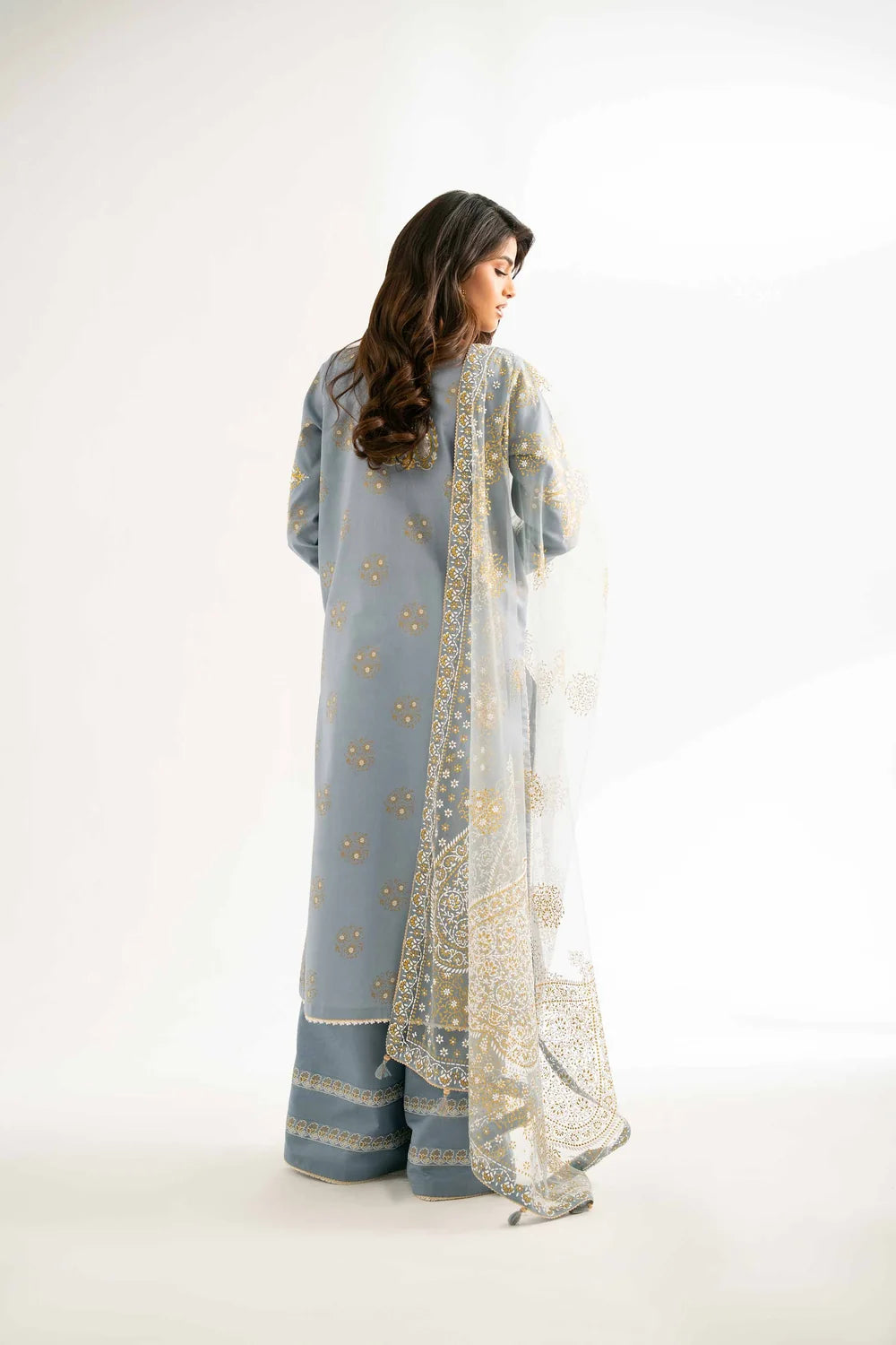 Nishat Linen 3-Piece Embroidered Festive Suit – Ice Blue & Ochre Gold