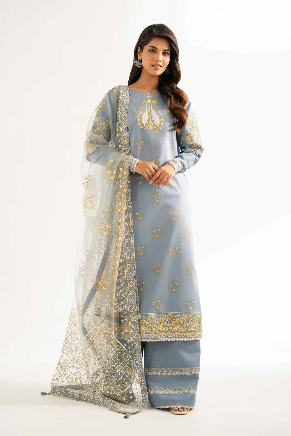 Nishat Linen 3-Piece Embroidered Festive Suit – Ice Blue & Ochre Gold