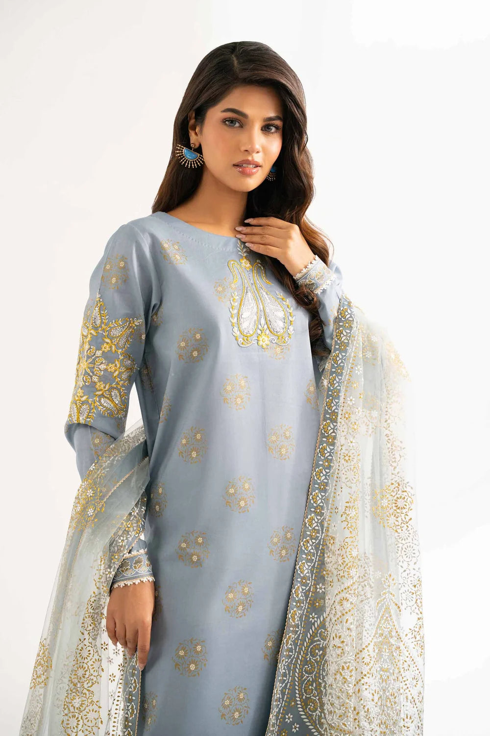Nishat Linen 3-Piece Embroidered Festive Suit – Ice Blue & Ochre Gold