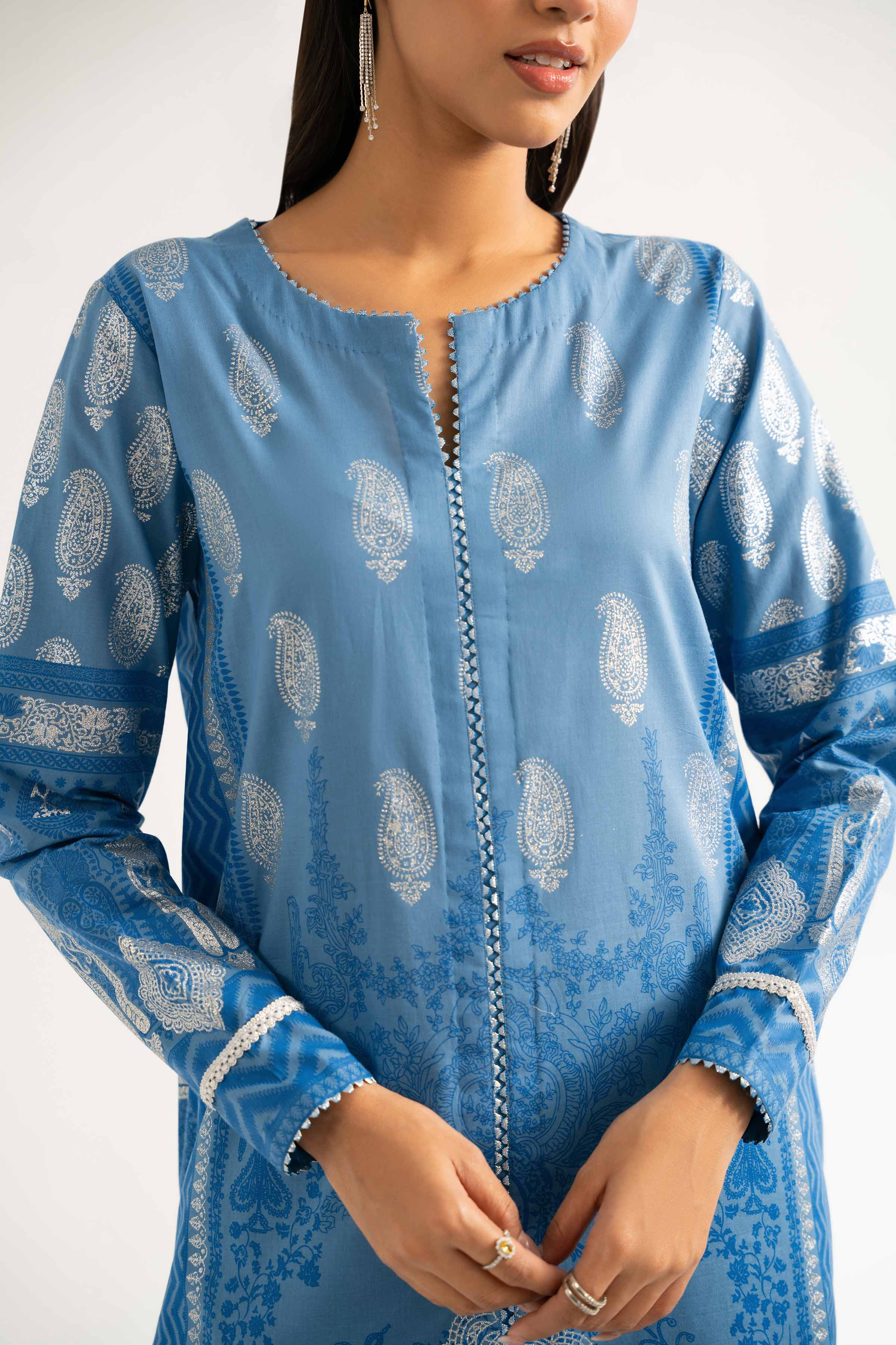 Nishat Linen 3-Piece Digital Printed Suit – Steel Blue & Ice White