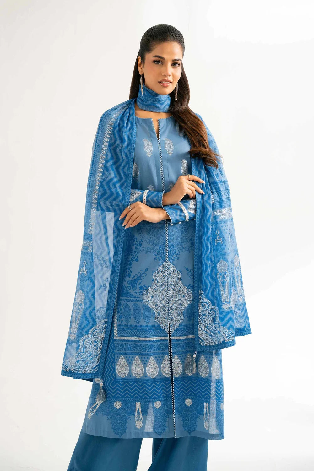 Nishat Linen 3-Piece Digital Printed Suit – Steel Blue & Ice White