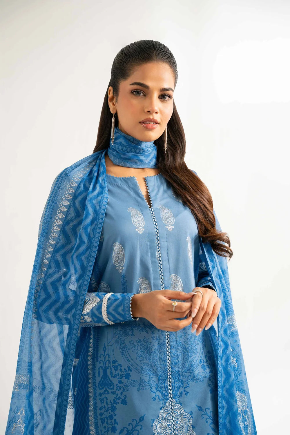 Nishat Linen 3-Piece Digital Printed Suit – Steel Blue & Ice White