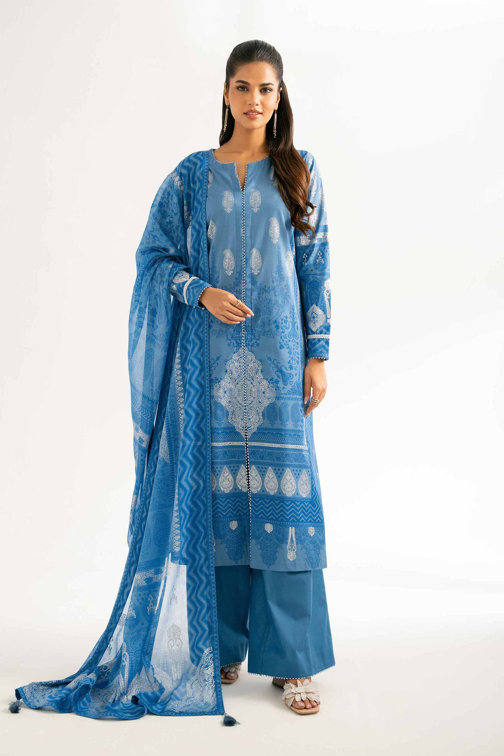 Nishat Linen 3-Piece Digital Printed Suit – Steel Blue & Ice White