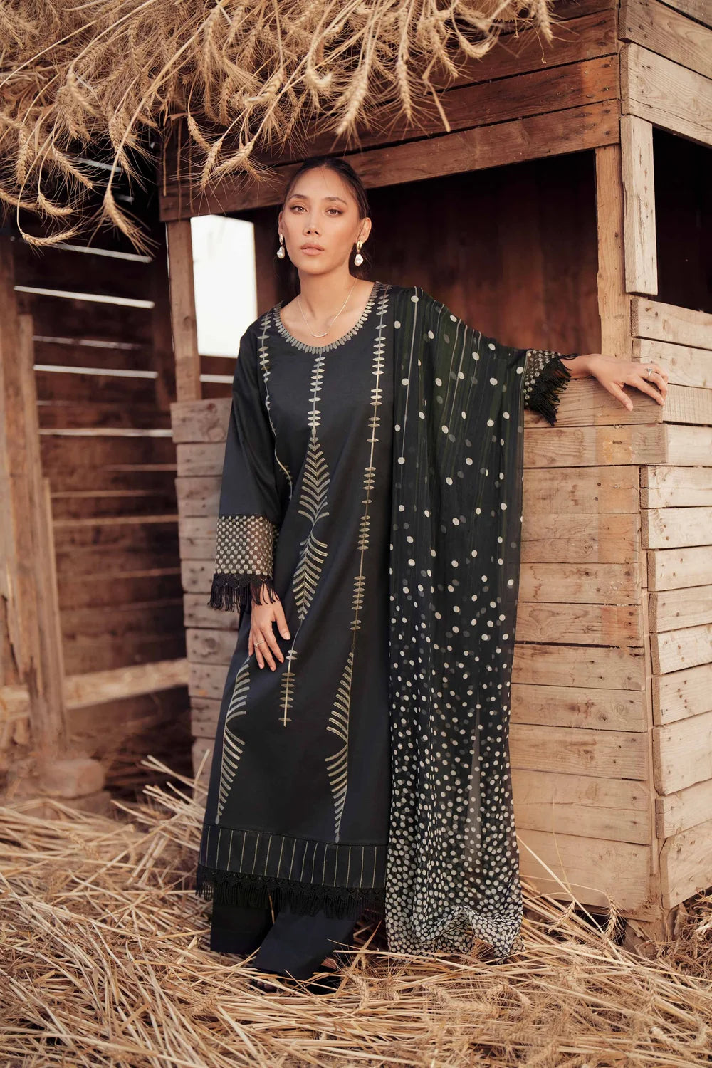 Nishat Linen 3-Piece Embroidered Festive Suit – Charcoal Black & Metallic Gold
