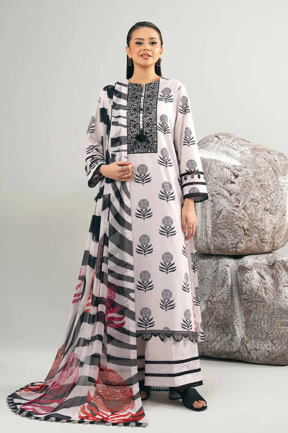 Nishat Linen 3-Piece Digital Printed Embroidered Suit – Lilac White & Onyx Black