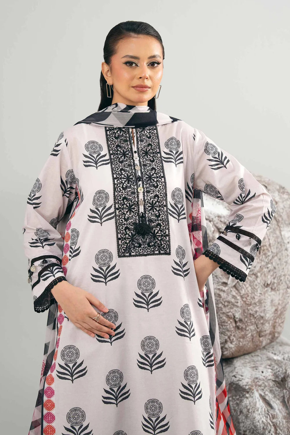 Nishat Linen 3-Piece Digital Printed Embroidered Suit – Lilac White & Onyx Black