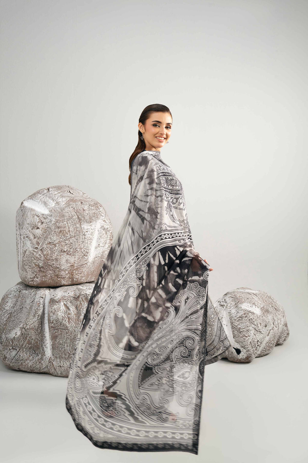 Nishat Linen 3-Piece Digital Printed Suit – Charcoal Black & Ash Grey Tie-Dye