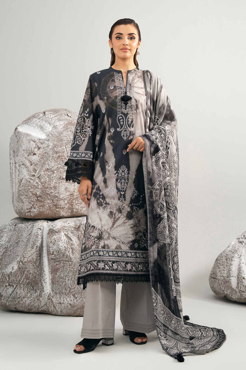 Nishat Linen 3-Piece Digital Printed Suit – Charcoal Black & Ash Grey Tie-Dye