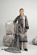 Nishat Linen 3-Piece Digital Printed Suit – Charcoal Black & Ash Grey Tie-Dye