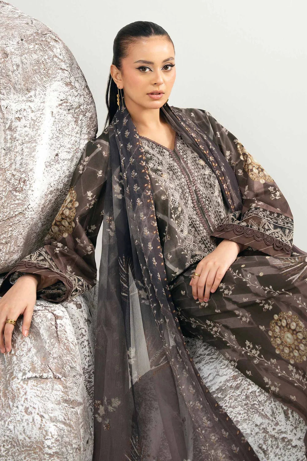 Nishat Linen 3-Piece Digital Printed Embroidered Suit – Charcoal Brown & Khaki Gold