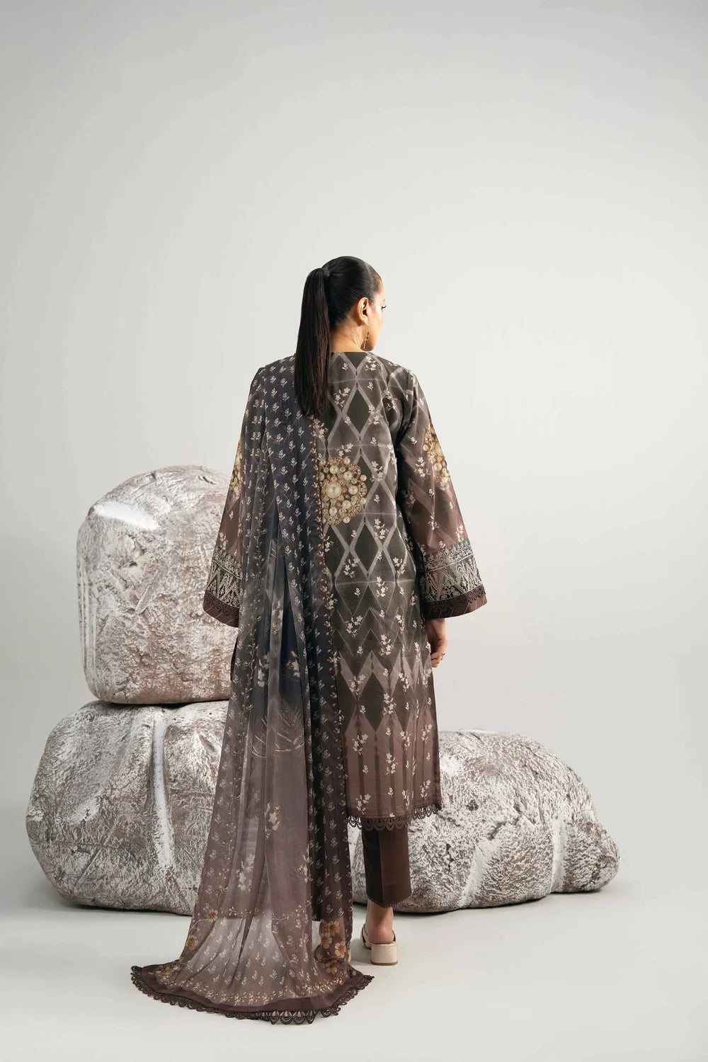 Nishat Linen 3-Piece Digital Printed Embroidered Suit – Charcoal Brown & Khaki Gold