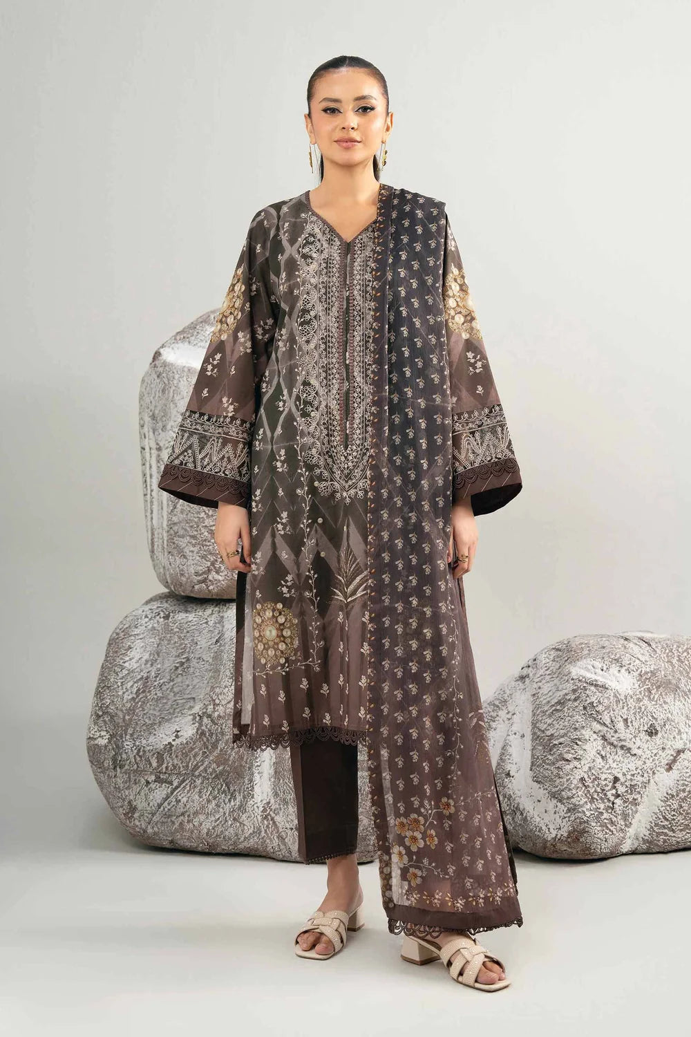 Nishat Linen 3-Piece Digital Printed Embroidered Suit – Charcoal Brown & Khaki Gold