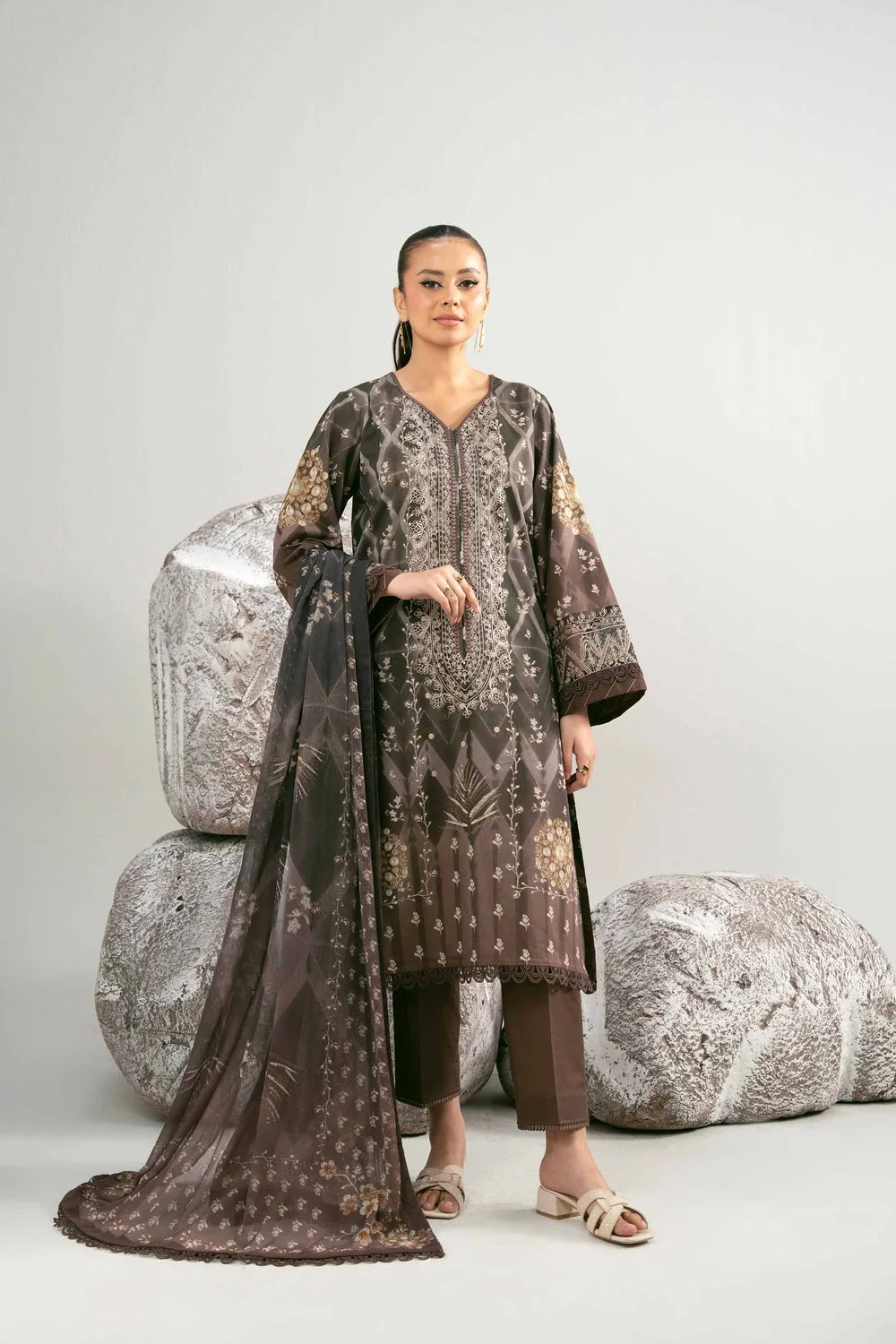 Nishat Linen 3-Piece Digital Printed Embroidered Suit – Charcoal Brown & Khaki Gold