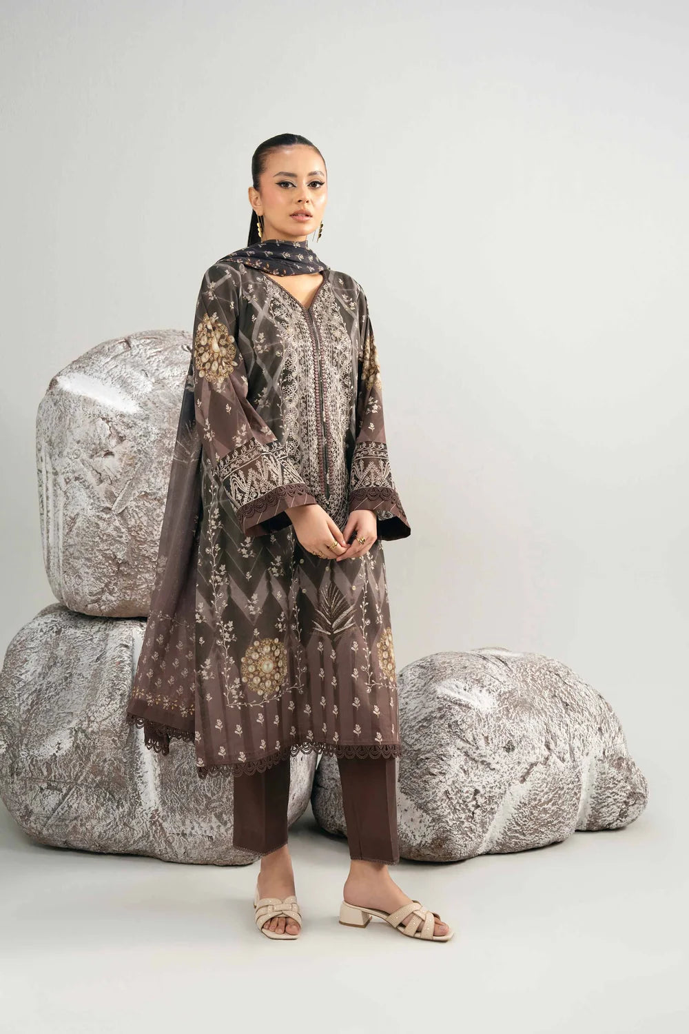 Nishat Linen 3-Piece Digital Printed Embroidered Suit – Charcoal Brown & Khaki Gold