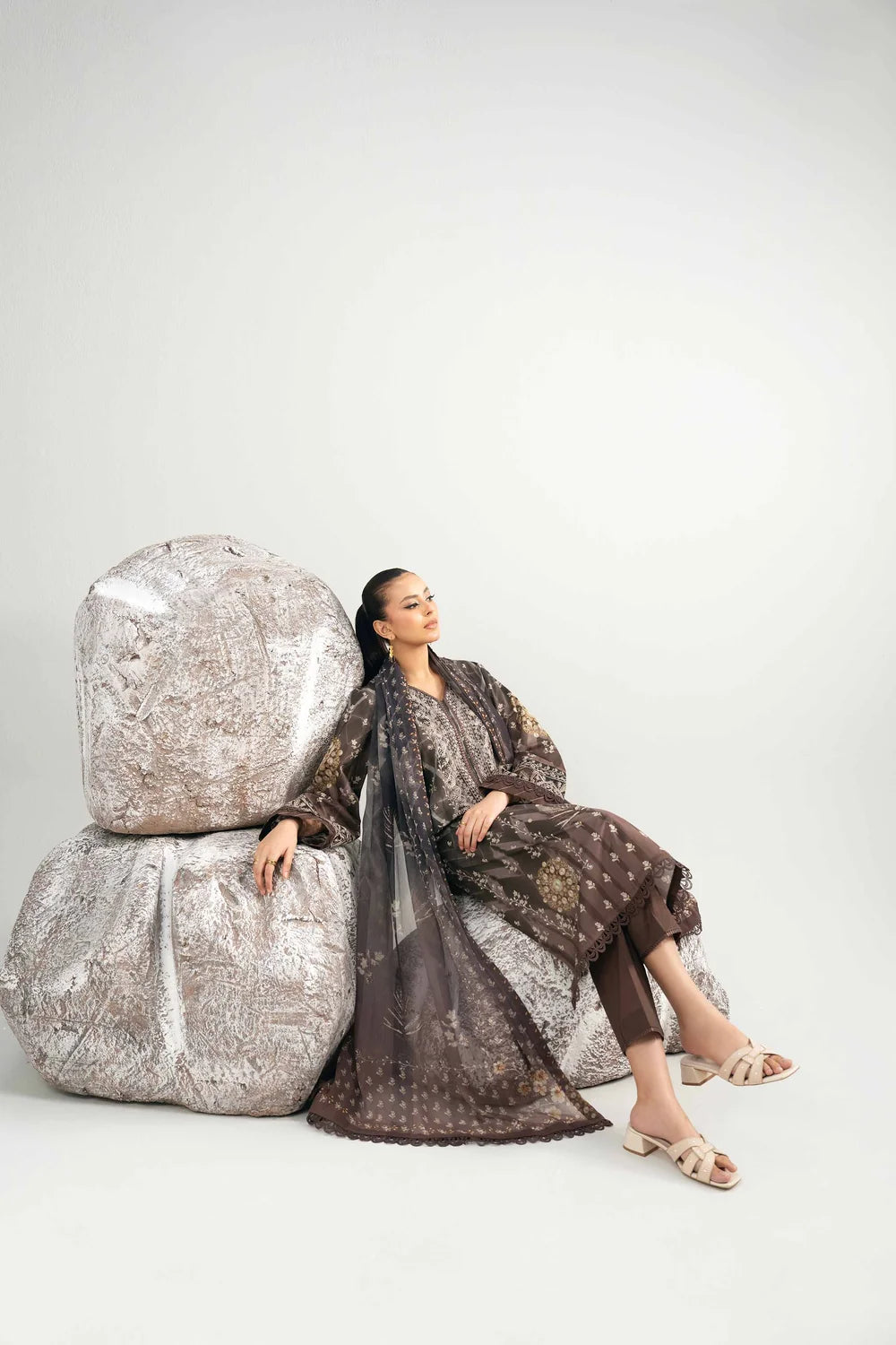 Nishat Linen 3-Piece Digital Printed Embroidered Suit – Charcoal Brown & Khaki Gold