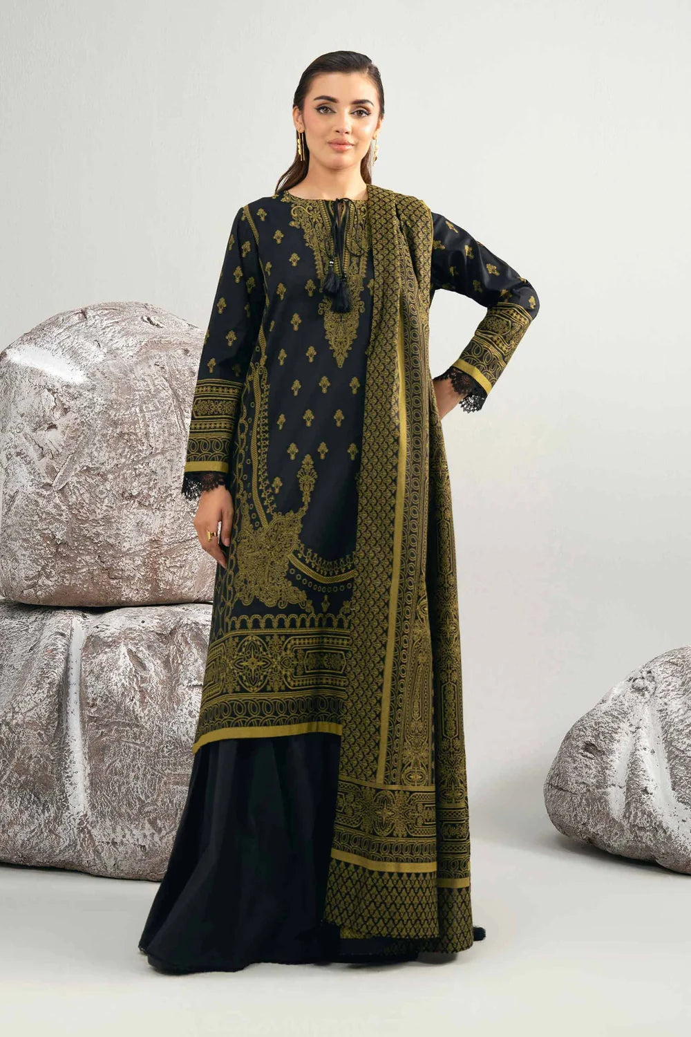 Nishat Linen 3-Piece Digital Printed Festive Suit – Onyx Black & Olive Gold