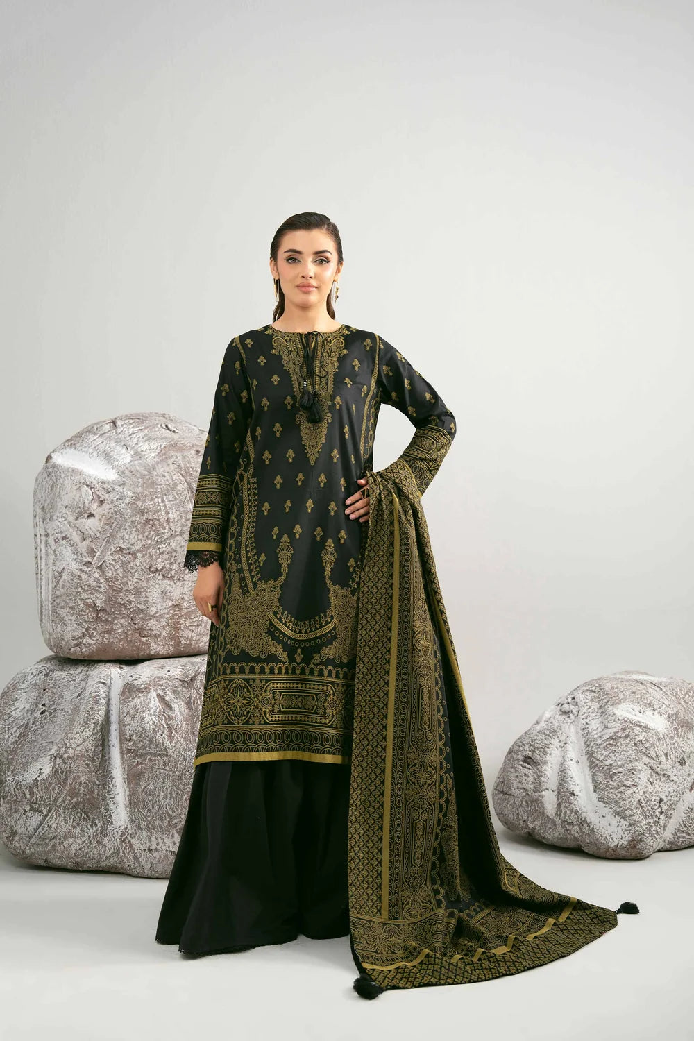 Nishat Linen 3-Piece Digital Printed Festive Suit – Onyx Black & Olive Gold