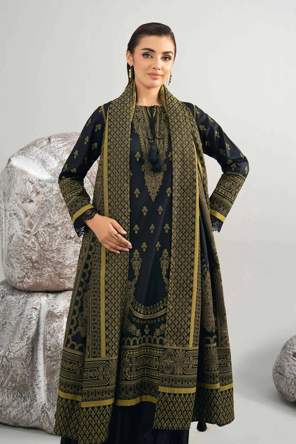 Nishat Linen 3-Piece Digital Printed Festive Suit – Onyx Black & Olive Gold