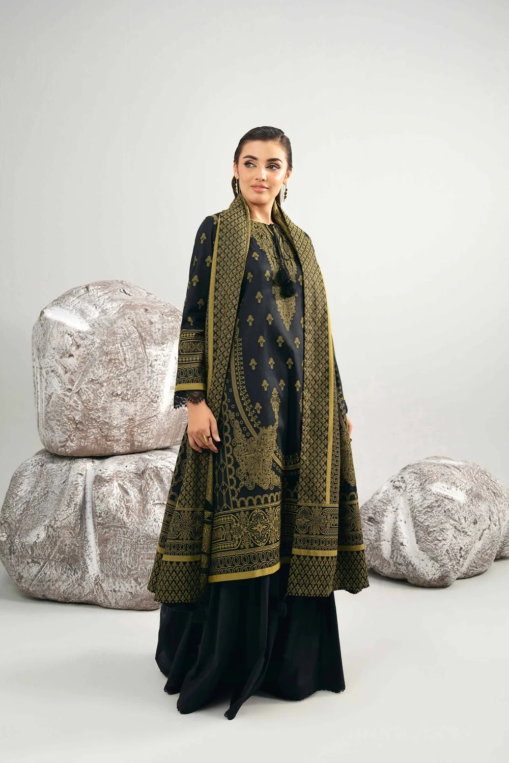 Nishat Linen 3-Piece Digital Printed Festive Suit – Onyx Black & Olive Gold