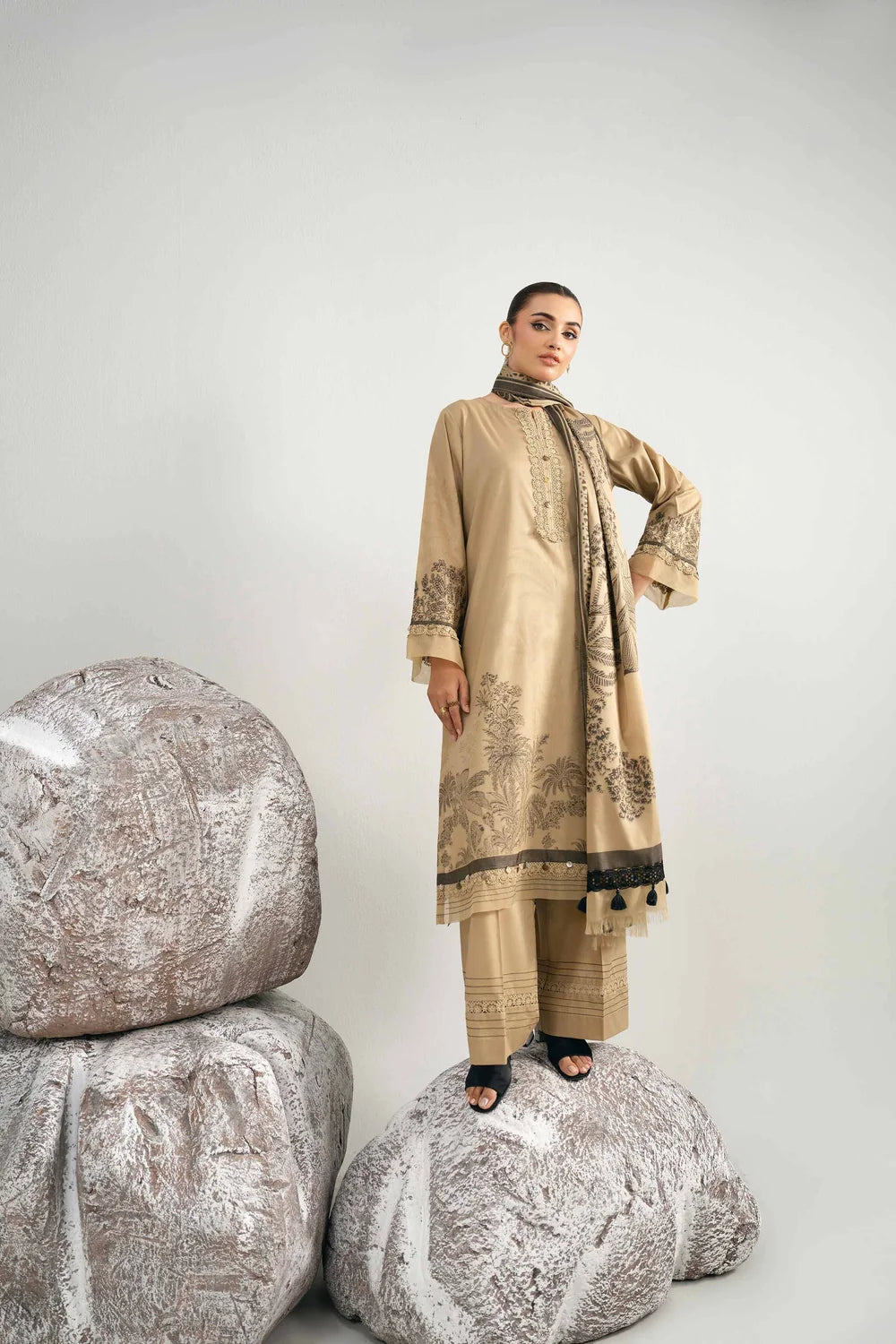 Nishat Linen 3-Piece Digital Printed Embroidered Suit – Khaki Gold & Charcoal