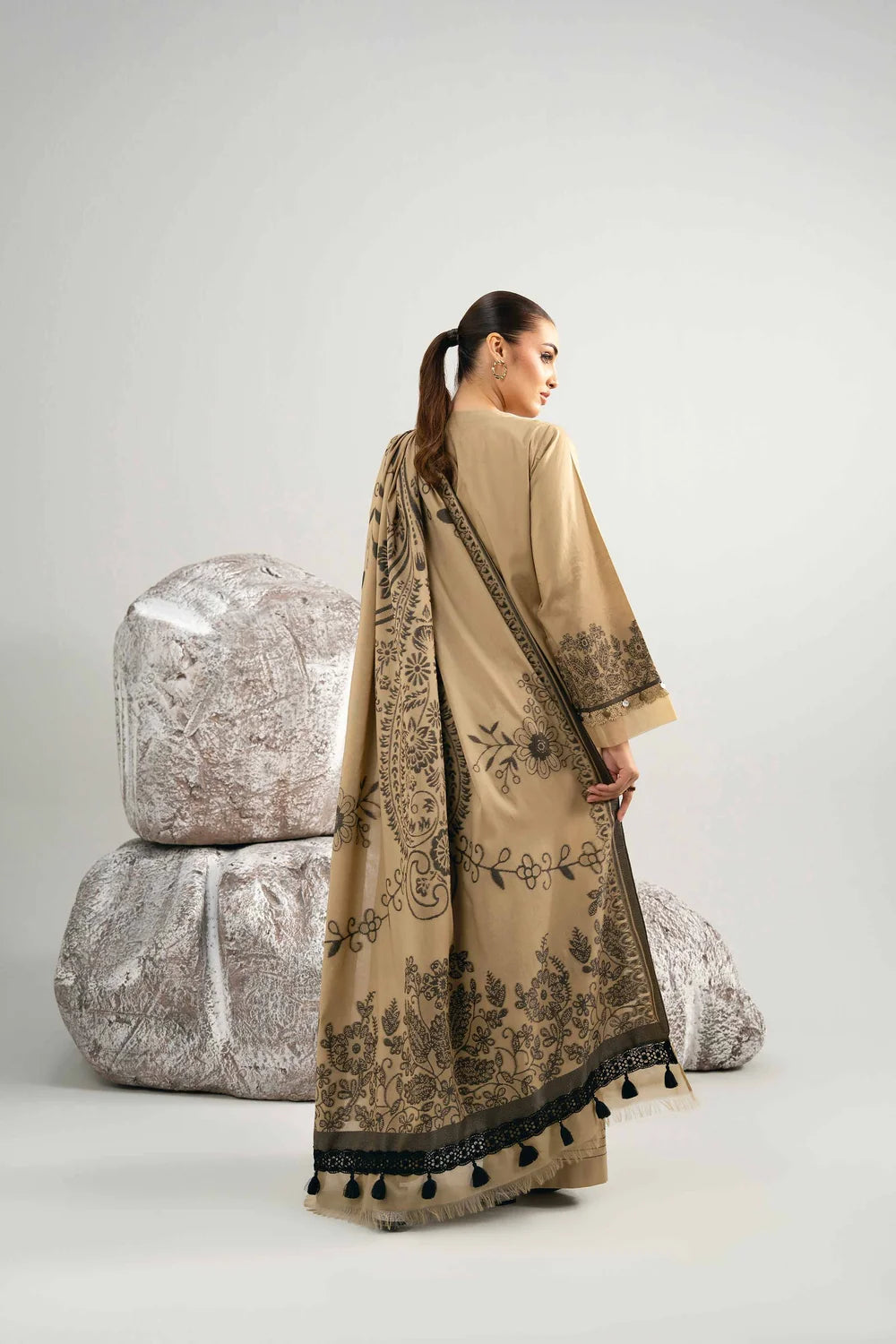 Nishat Linen 3-Piece Digital Printed Embroidered Suit – Khaki Gold & Charcoal