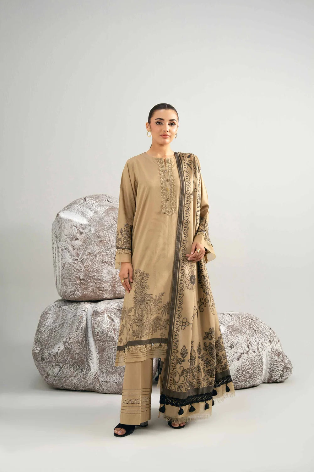 Nishat Linen 3-Piece Digital Printed Embroidered Suit – Khaki Gold & Charcoal