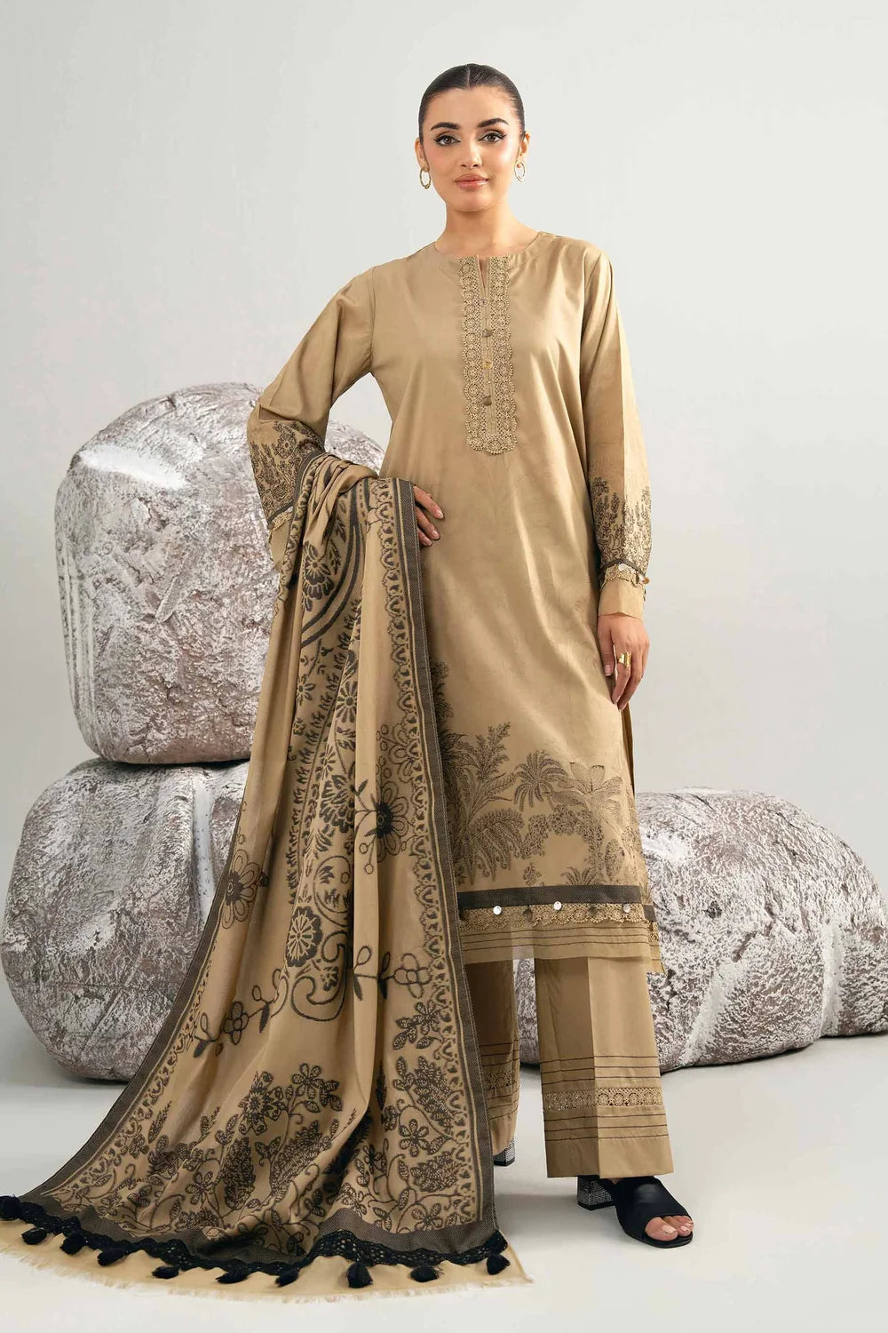 Nishat Linen 3-Piece Digital Printed Embroidered Suit – Khaki Gold & Charcoal