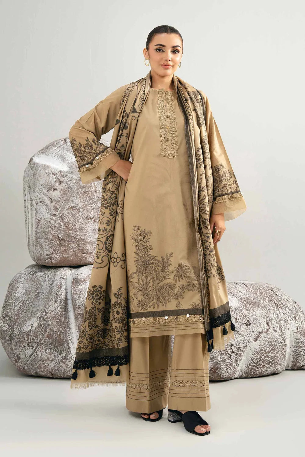 Nishat Linen 3-Piece Digital Printed Embroidered Suit – Khaki Gold & Charcoal