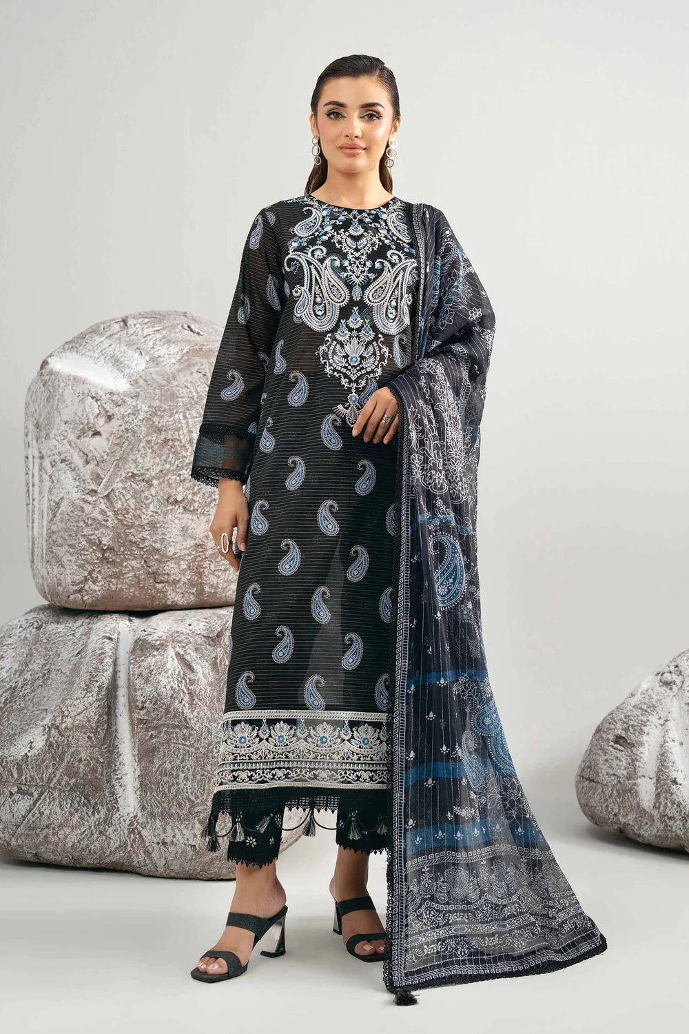 Nishat Linen 3-Piece Digitally Printed Embroidered Suit – Jet Black & Ice Blue