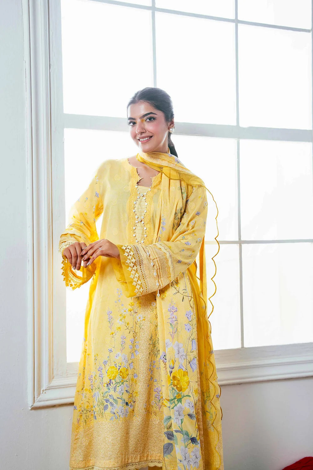 Nishat Linen 3-Piece Digitally Printed Suit – Lemon Yellow & Lavender Floral