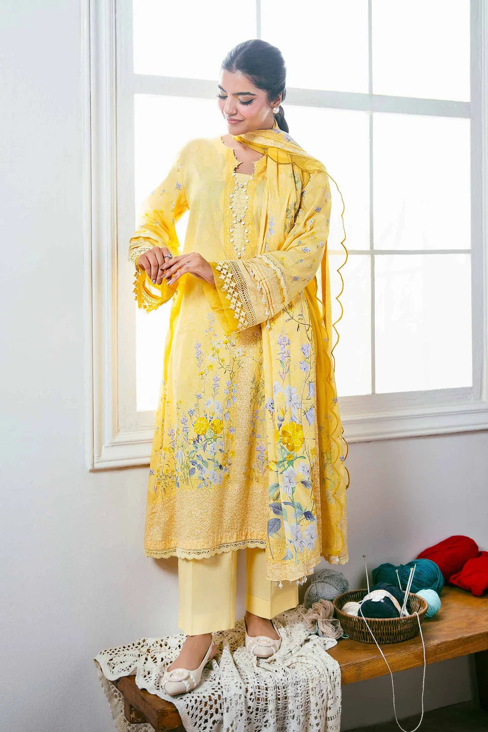 Nishat Linen 3-Piece Digitally Printed Suit – Lemon Yellow & Lavender Floral
