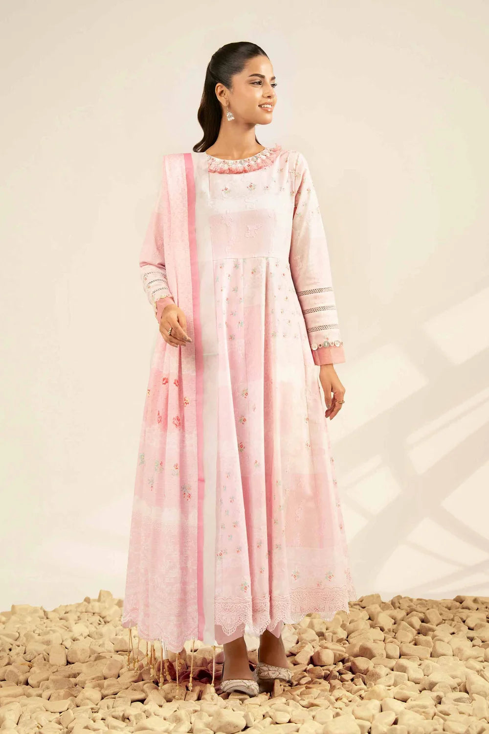 Nishat Linen 3-Piece Digitally Printed Frock Suit – Pastel Pink