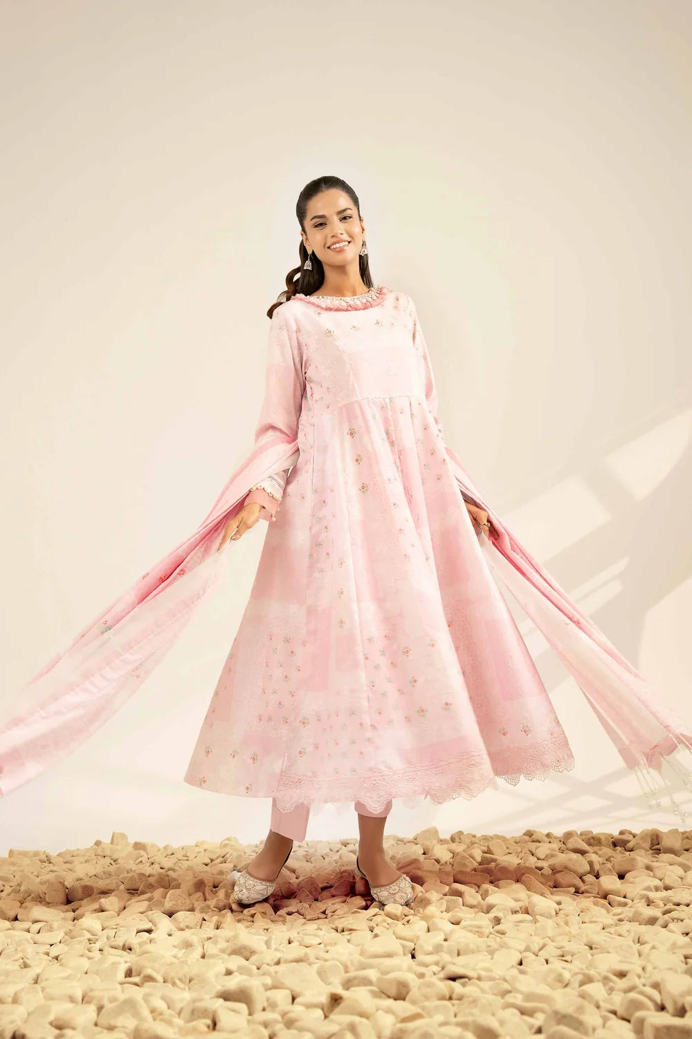 Nishat Linen 3-Piece Digitally Printed Frock Suit – Pastel Pink