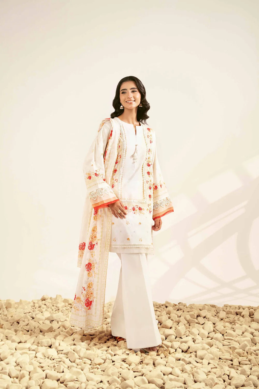 Nishat Linen 3-Piece Embroidered Festive Suit – Pristine White & Crimson Floral