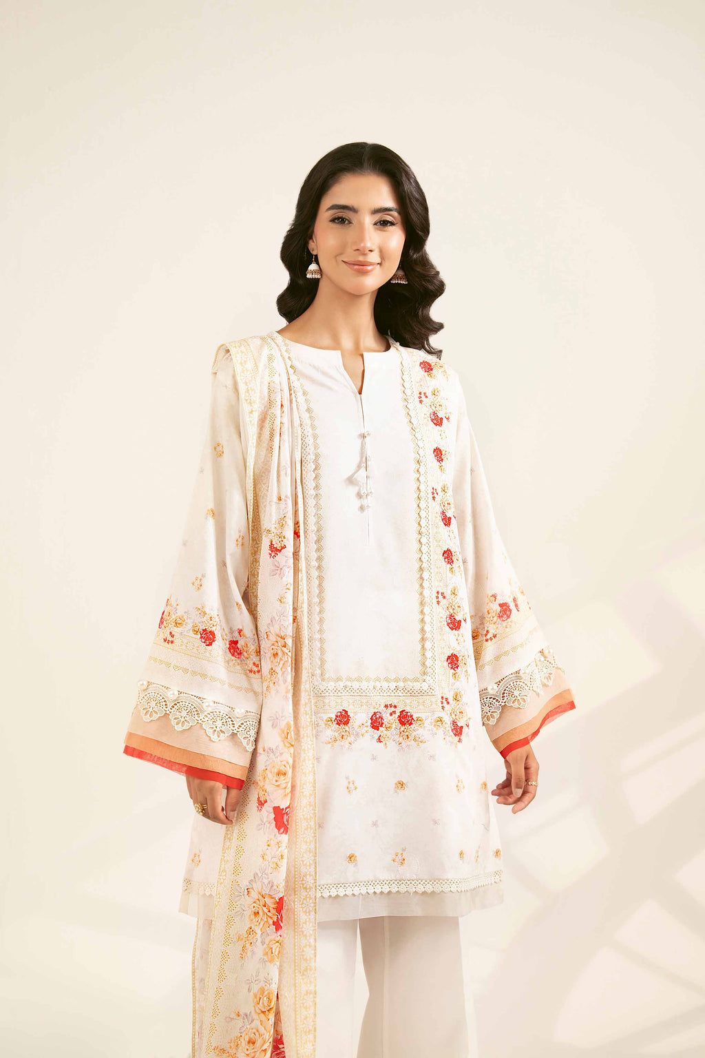 Nishat Linen 3-Piece Embroidered Festive Suit – Pristine White & Crimson Floral