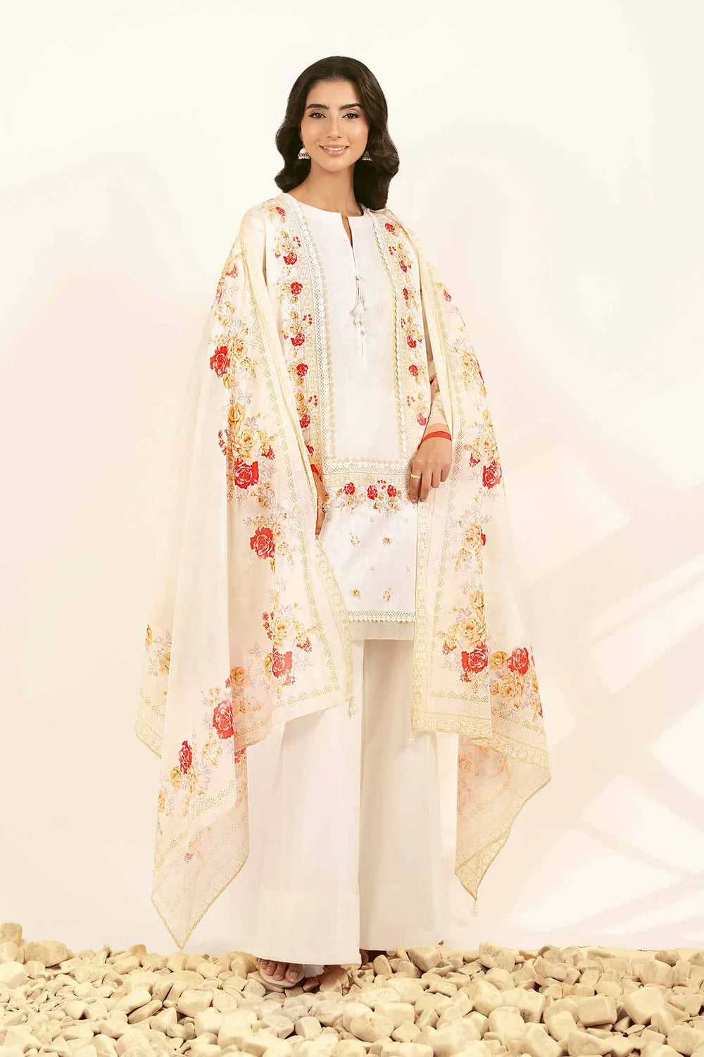 Nishat Linen 3-Piece Embroidered Festive Suit – Pristine White & Crimson Floral