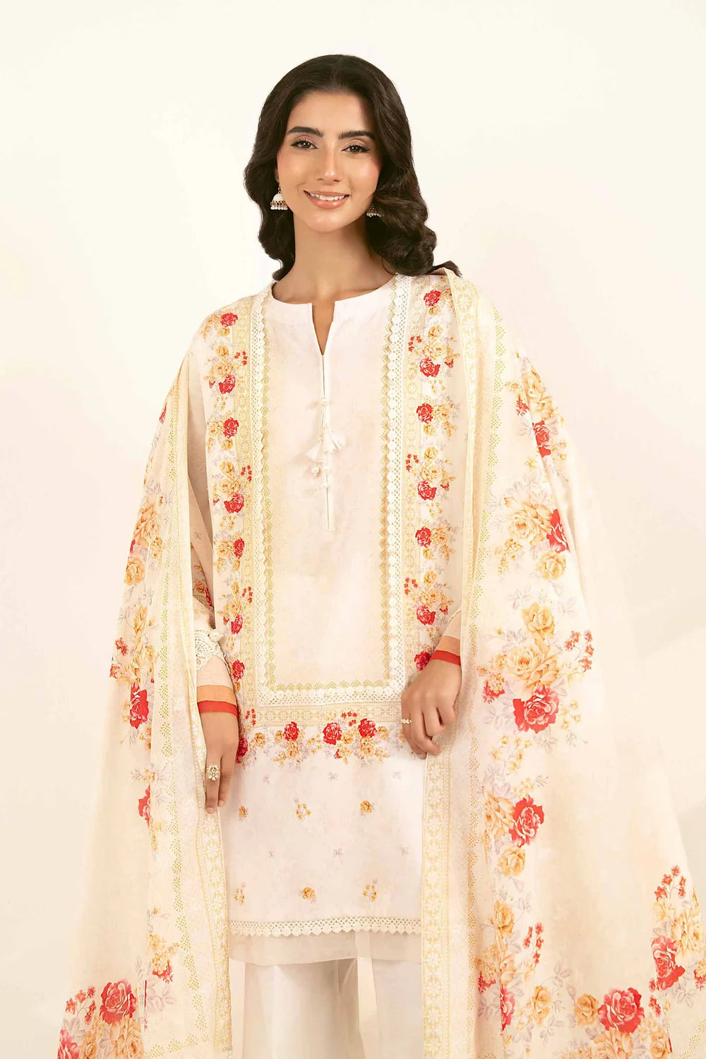 Nishat Linen 3-Piece Embroidered Festive Suit – Pristine White & Crimson Floral