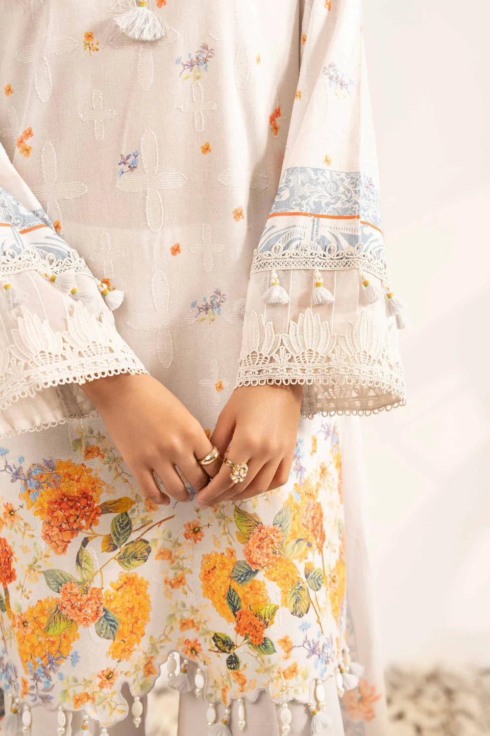 Nishat Linen 3-Piece Embroidered Cross Hatch Suit – Ivory & Ochre Floral