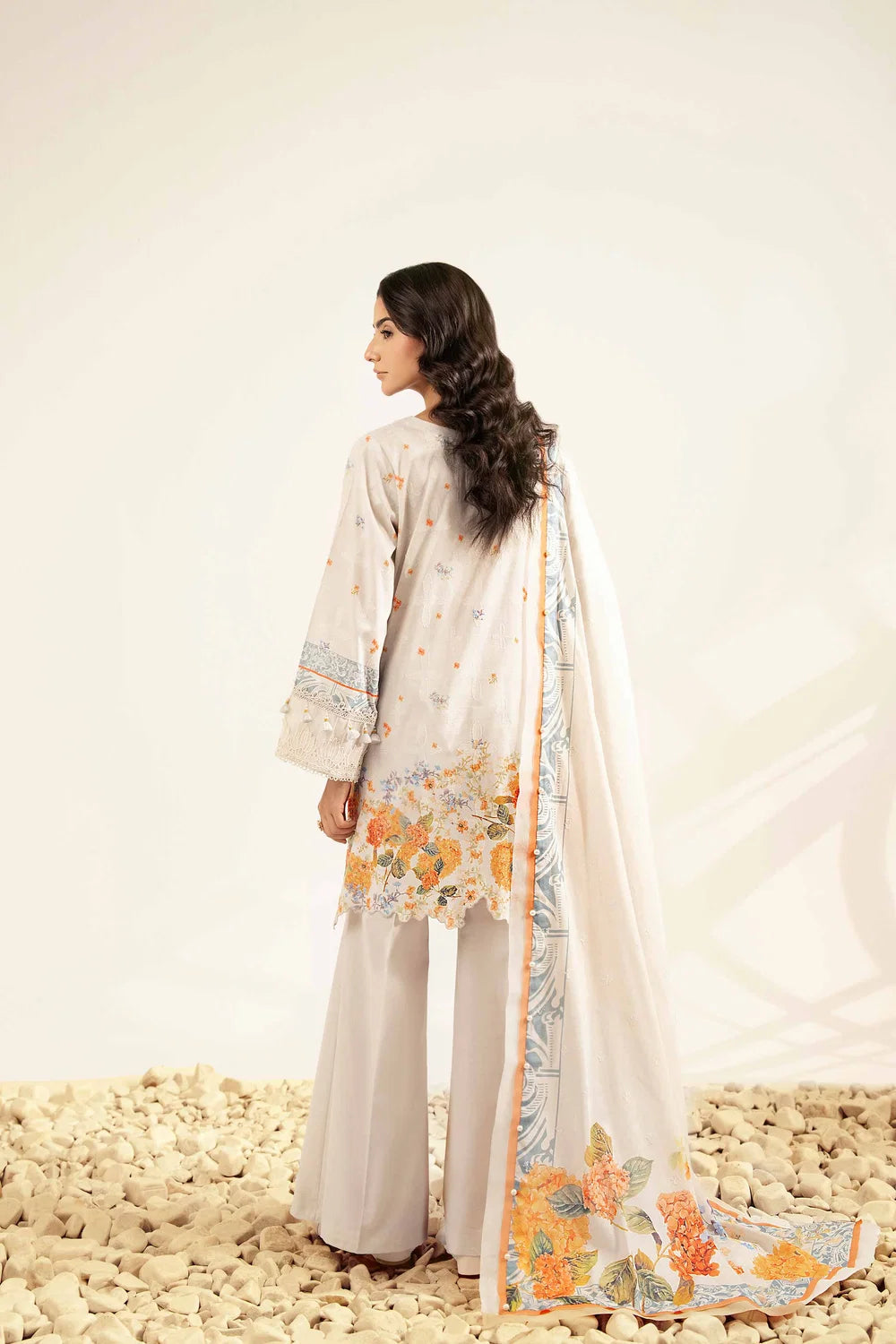 Nishat Linen 3-Piece Embroidered Cross Hatch Suit – Ivory & Ochre Floral
