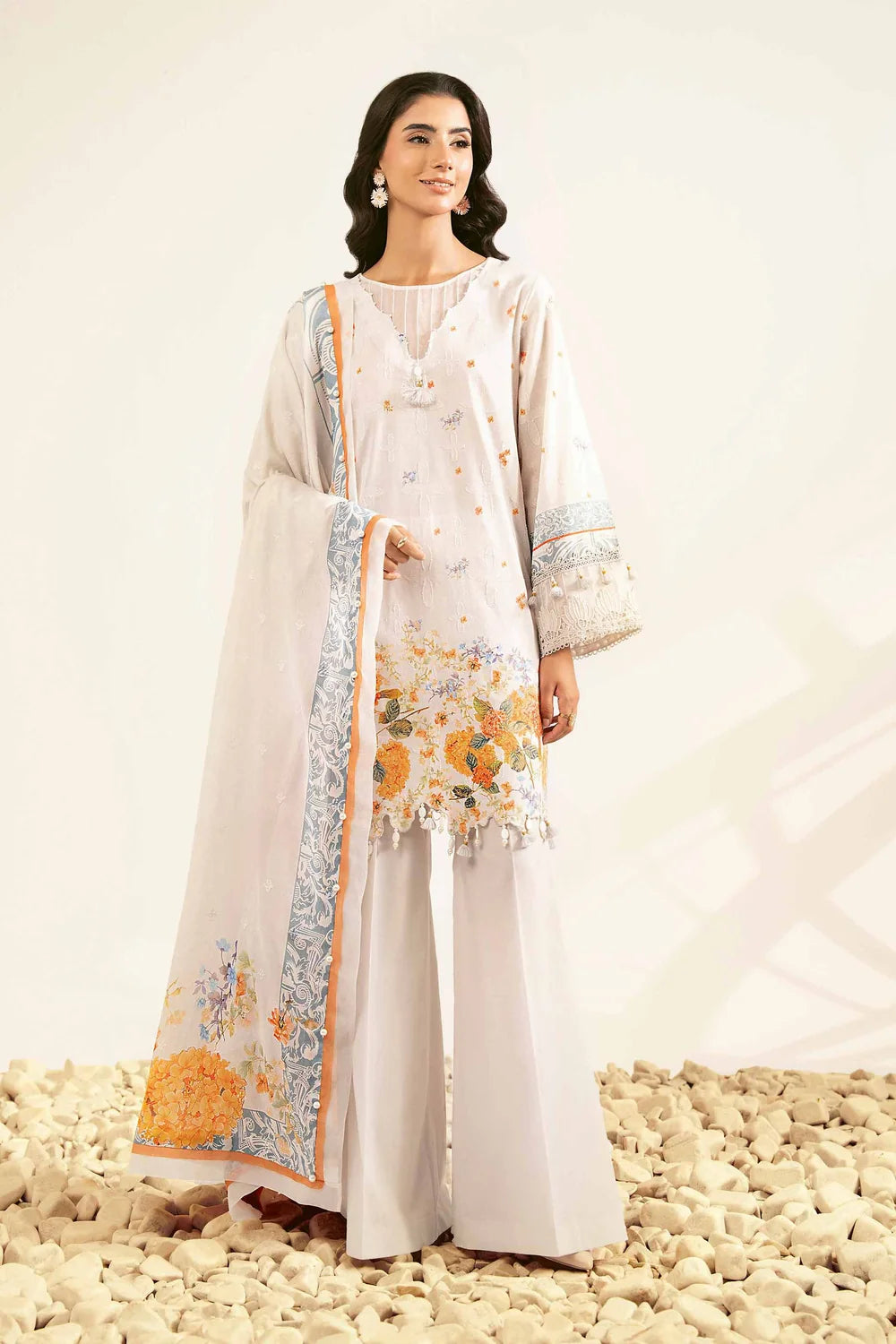 Nishat Linen 3-Piece Embroidered Cross Hatch Suit – Ivory & Ochre Floral