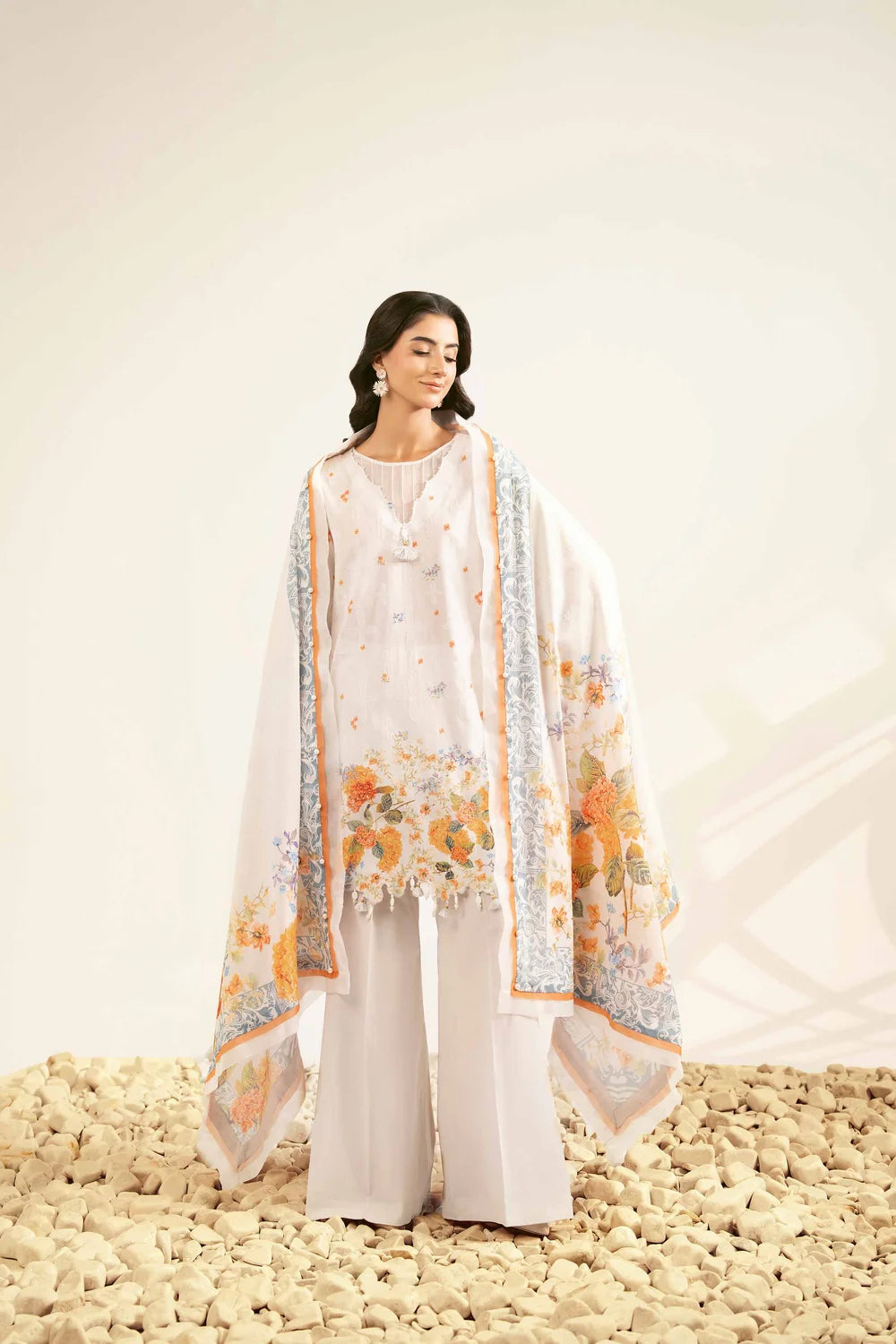 Nishat Linen 3-Piece Embroidered Cross Hatch Suit – Ivory & Ochre Floral