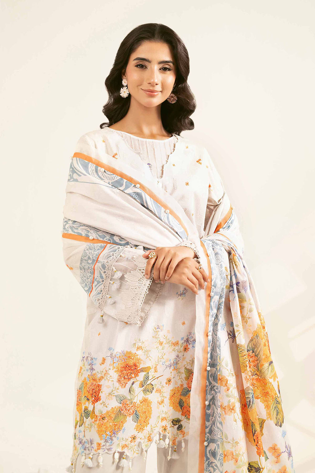 Nishat Linen 3-Piece Embroidered Cross Hatch Suit – Ivory & Ochre Floral